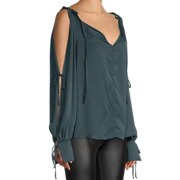 NEW Milly Women Ink Silk Cold Shoulder Bow Tie Long Sleeve V Neck Keyhole Blouse - Picture 2 of 4